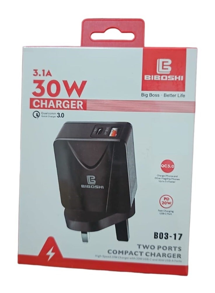 Biboshi Fast Wall Charger with USB Port and Type C Port Capacity 30 Watts