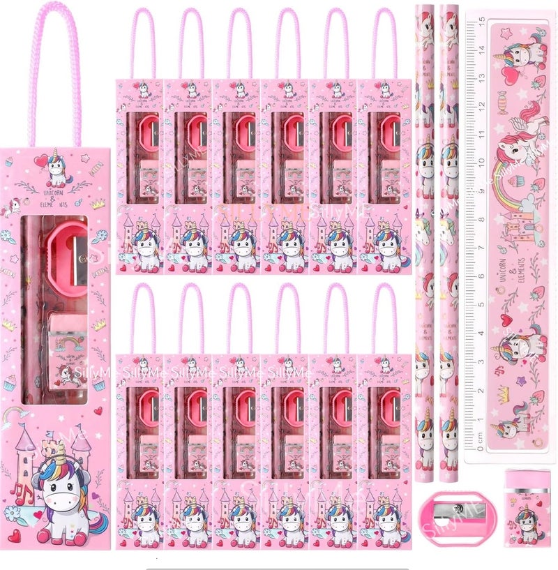 Sillyme 12pcs of Unicorn Stationery Set for Navratri gifts for kanya Return Gifts Birthday Party for kids - Pencil , scale , eraser kanjak gifts for girls pack of 12 - kanya pujan gifts set of 12 - Image 1