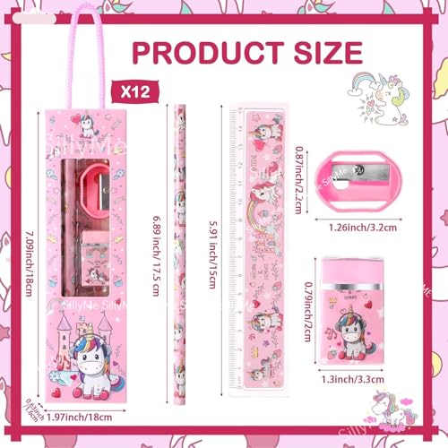Sillyme 12pcs of Unicorn Stationery Set for Navratri gifts for kanya Return Gifts Birthday Party for kids - Pencil , scale , eraser kanjak gifts for girls pack of 12 - kanya pujan gifts set of 12 - Image 3
