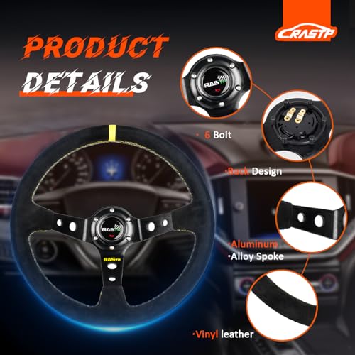 RASTP Universal Racing Steering Wheel Suede Deep Dish 13.58”/345mm 6 Bolts with Horn Button Include Cable,Wrench (Yellow) - Image 2