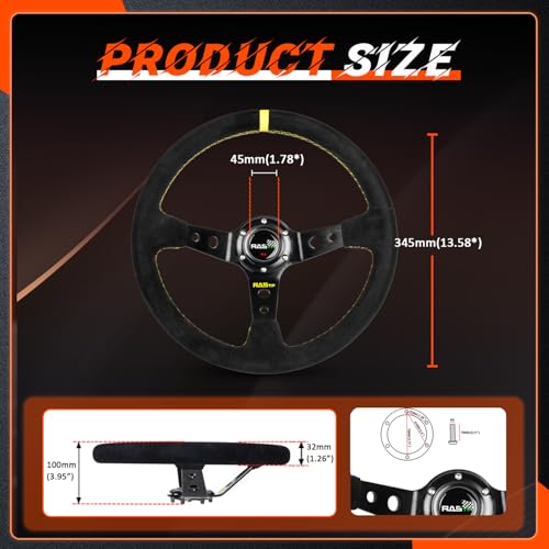 RASTP Universal Racing Steering Wheel Suede Deep Dish 13.58”/345mm 6 Bolts with Horn Button Include Cable,Wrench (Yellow) - Image 5
