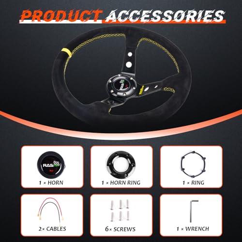 RASTP Universal Racing Steering Wheel Suede Deep Dish 13.58”/345mm 6 Bolts with Horn Button Include Cable,Wrench (Yellow) - Image 4