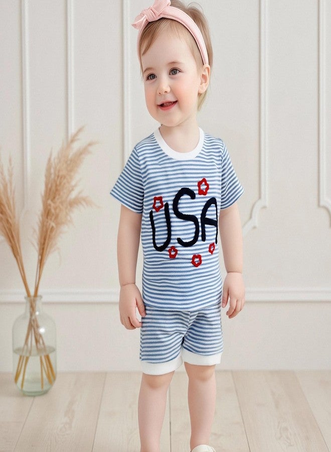 Lenjindjer Baby Boy Girl Independence Day Outfit USA Embroidery Waffle Short Sleeve T-Shirt Shorts Set Toddler Summer Clothes (Blue, 3-4T) - Image 2