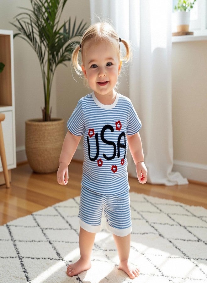 Lenjindjer Baby Boy Girl Independence Day Outfit USA Embroidery Waffle Short Sleeve T-Shirt Shorts Set Toddler Summer Clothes (Blue, 3-4T) - Image 3