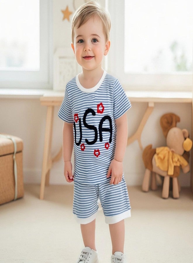 Lenjindjer Baby Boy Girl Independence Day Outfit USA Embroidery Waffle Short Sleeve T-Shirt Shorts Set Toddler Summer Clothes (Blue, 3-4T) - Image 5