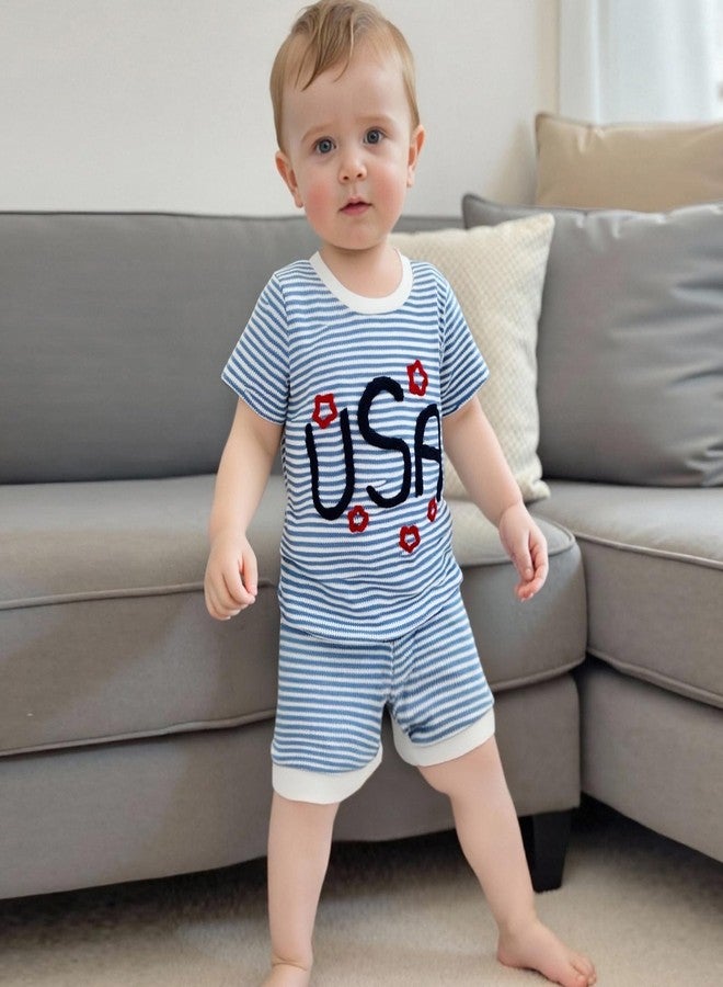 Lenjindjer Baby Boy Girl Independence Day Outfit USA Embroidery Waffle Short Sleeve T-Shirt Shorts Set Toddler Summer Clothes (Blue, 3-4T) - Image 4