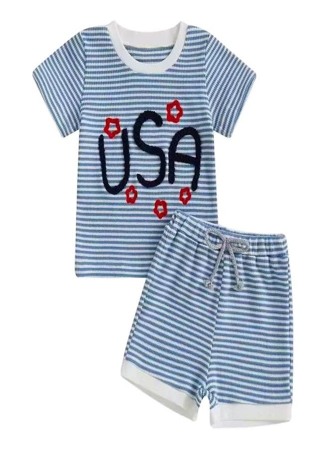 Lenjindjer Baby Boy Girl Independence Day Outfit USA Embroidery Waffle Short Sleeve T-Shirt Shorts Set Toddler Summer Clothes (Blue, 3-4T) - Image 1