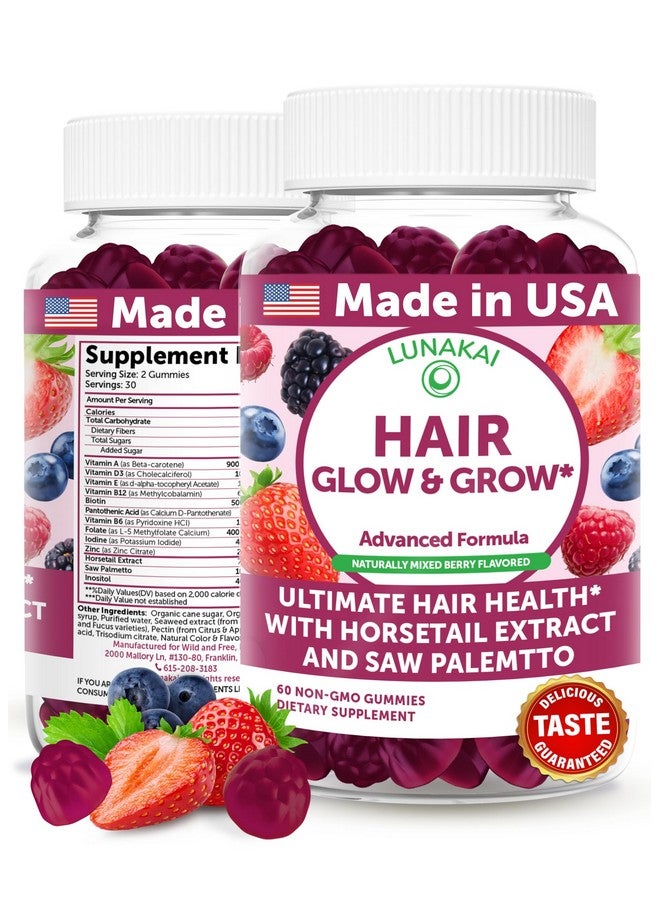 Lunakai USA Made Super Hair Gummies with Biotin, Zinc, Horsetail Extract & Saw Palmetto - Hair Growth Vitamins for Women & Men - Supports Thicker, Longer, Stronger Tresses, Skin & Nails, 60ct - Image 1