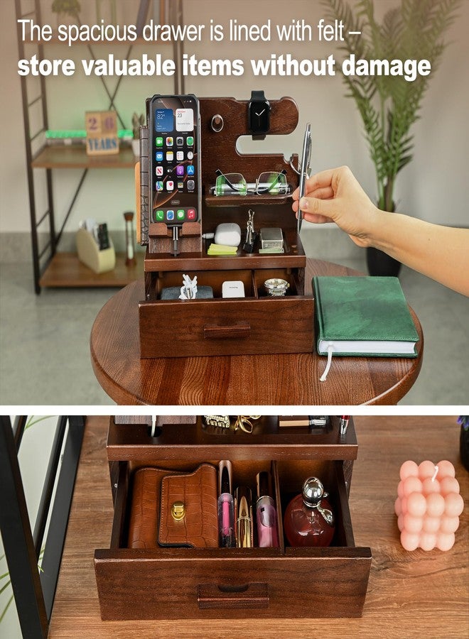 TESLYAR Wood Phone Docking Station with Drawer - Nightstand Organizer - Desk Organizer for Husband - Birthday Gifts for Men or Dad - Anniversary Idea - Key Holder Stand Watch & Accessories (Walnut) - Image 2