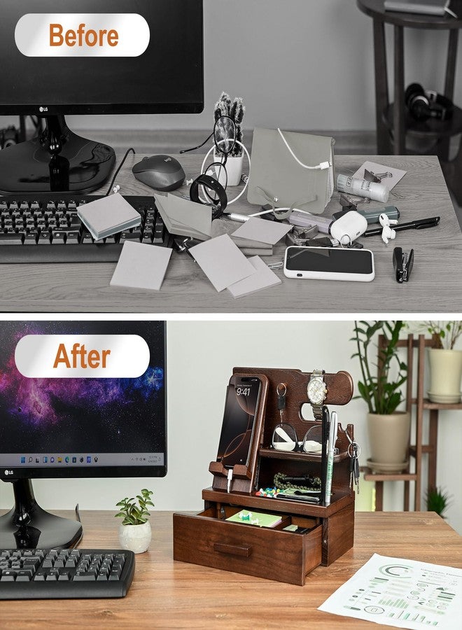 TESLYAR Wood Phone Docking Station with Drawer - Nightstand Organizer - Desk Organizer for Husband - Birthday Gifts for Men or Dad - Anniversary Idea - Key Holder Stand Watch & Accessories (Walnut) - Image 3