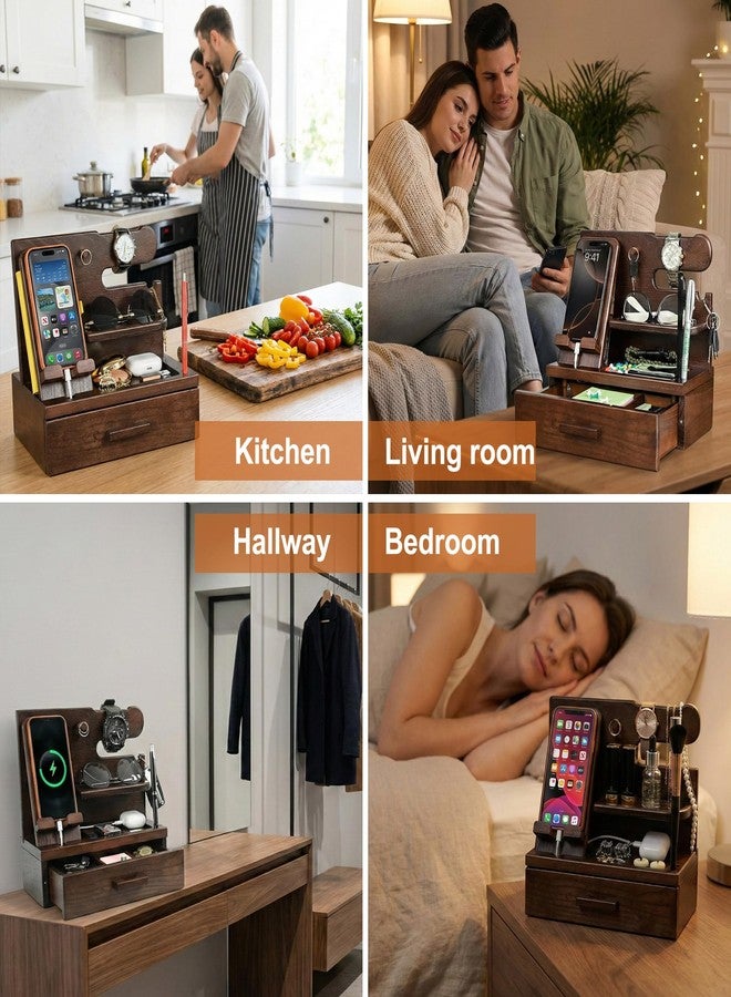 TESLYAR Wood Phone Docking Station with Drawer - Nightstand Organizer - Desk Organizer for Husband - Birthday Gifts for Men or Dad - Anniversary Idea - Key Holder Stand Watch & Accessories (Walnut) - Image 5