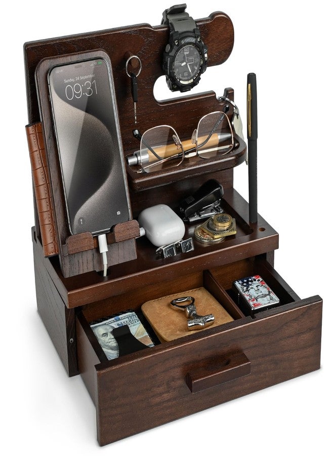 TESLYAR Wood Phone Docking Station with Drawer - Nightstand Organizer - Desk Organizer for Husband - Birthday Gifts for Men or Dad - Anniversary Idea - Key Holder Stand Watch & Accessories (Walnut) - Image 1
