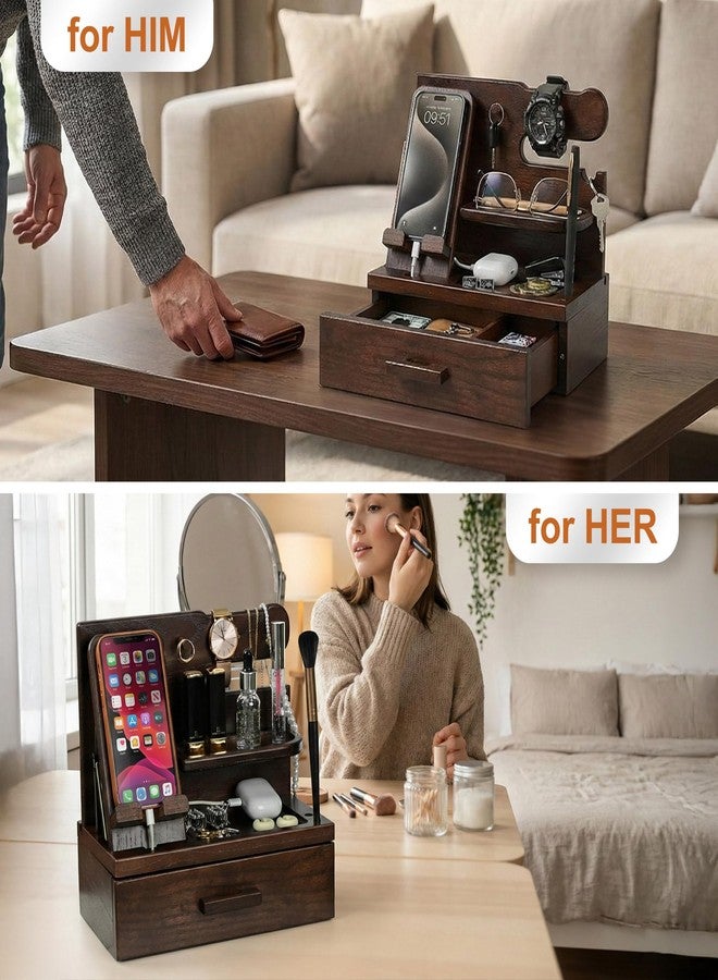 TESLYAR Wood Phone Docking Station with Drawer - Nightstand Organizer - Desk Organizer for Husband - Birthday Gifts for Men or Dad - Anniversary Idea - Key Holder Stand Watch & Accessories (Walnut) - Image 4