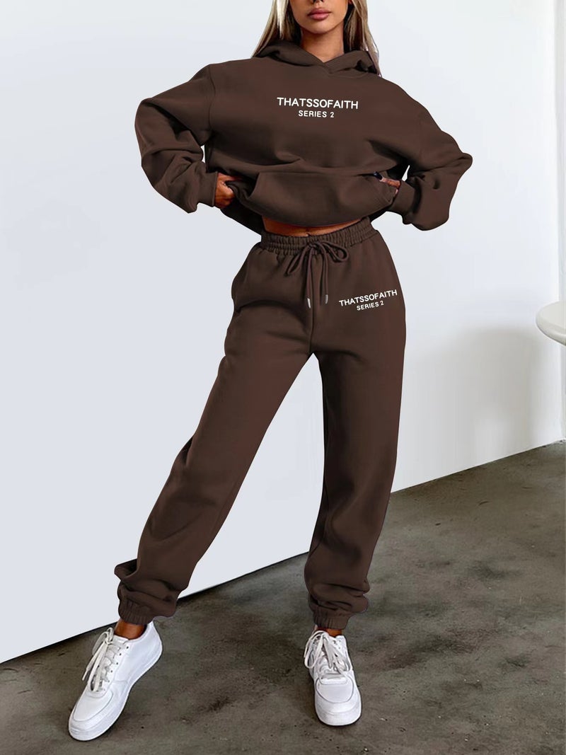 Women'S Letters Printed Hooded Sweat Fashion Casual Grab Pants Suit - Image 1