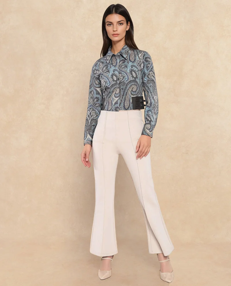 Rareism Women's Printed Crop Shirt With Pu Belt Detail
