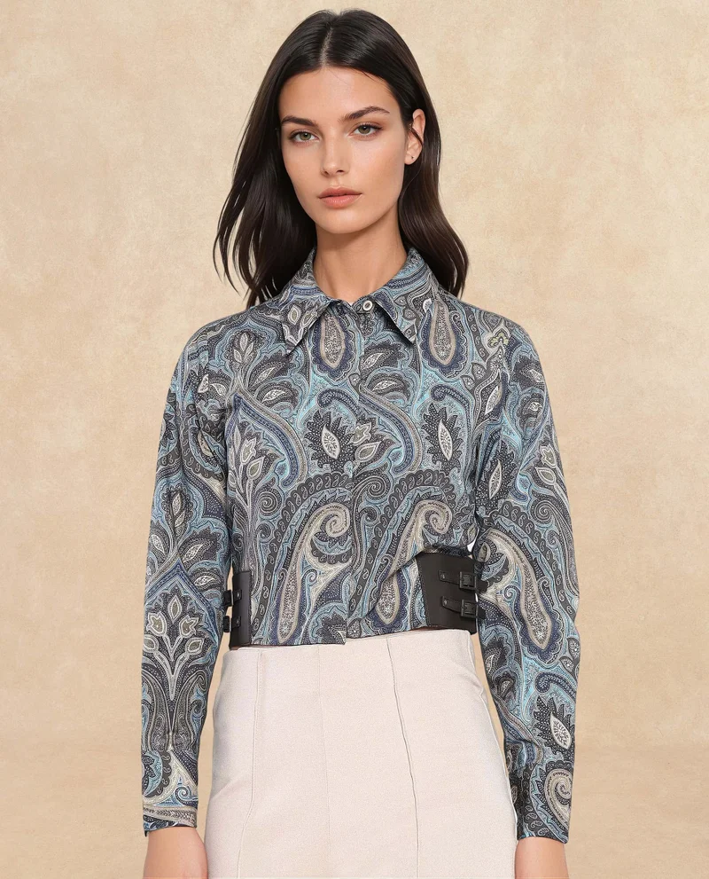Rareism Women's Printed Crop Shirt With Pu Belt Detail