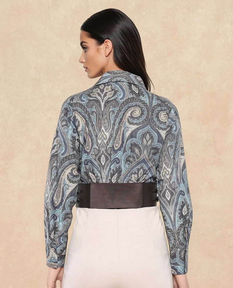 Rareism Women's Printed Crop Shirt With Pu Belt Detail