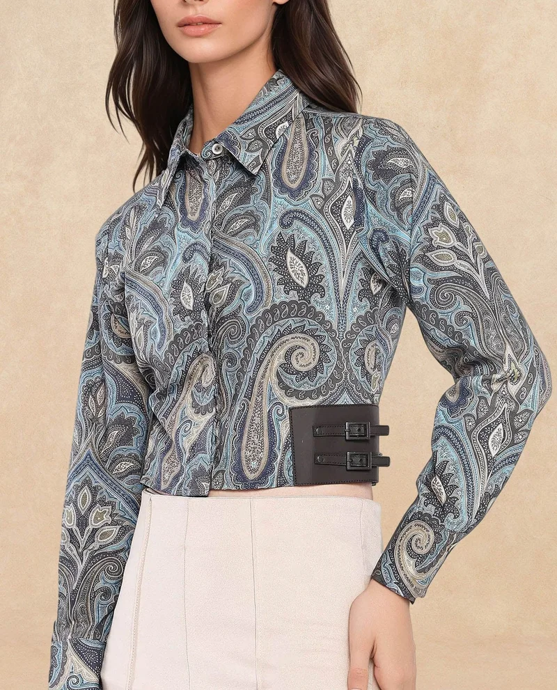 Rareism Women's Printed Crop Shirt With Pu Belt Detail