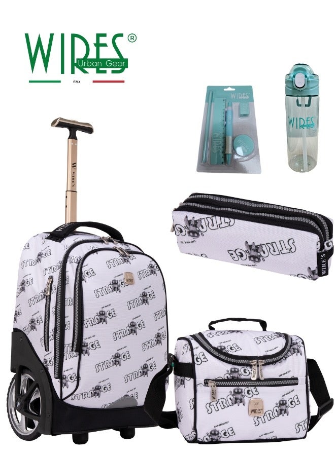 Wires 3 Piece Kids School Trolley Bag laptop compartment Big Wheels With Lunch bag & Pencil Case - Image 1