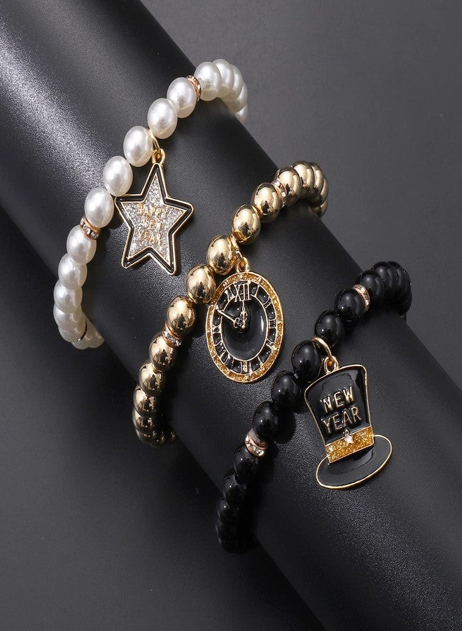 PHALIN Happy New Year Bracelets for Women CCB Pearl Beaded Stretch Bracelets Sparkling Top Hat Clock Star Charms Bracelet New Year's Eve Party Favors Holiday Gifts (3PCS) - Image 3