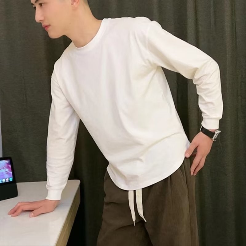 2023 Casual New Style Simple Style Round Neck White Long Sleeve T-Shirt Men'S Autumn Loose Pullover Base - Image 2