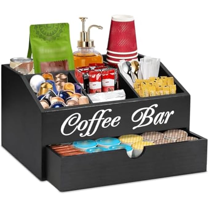 Unity Coffee Bar Organizer For Countertop  Wooden Coffee Station With Drawer And 5 Compartments Station Tea Cup Storage Rack Coffees Pod Holder For Office Counter Organization - Image 2