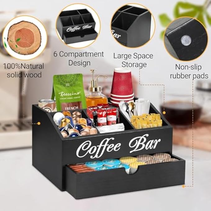 Unity Coffee Bar Organizer For Countertop  Wooden Coffee Station With Drawer And 5 Compartments Station Tea Cup Storage Rack Coffees Pod Holder For Office Counter Organization - Image 5
