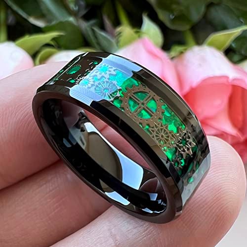 TUTISS 8mm Green Carbon Fiber Steampunk Gear Inlay Black Tungsten Rings for Men Women Wedding Bands Beveled Edges Comfort Fit Size 7 - Image 2
