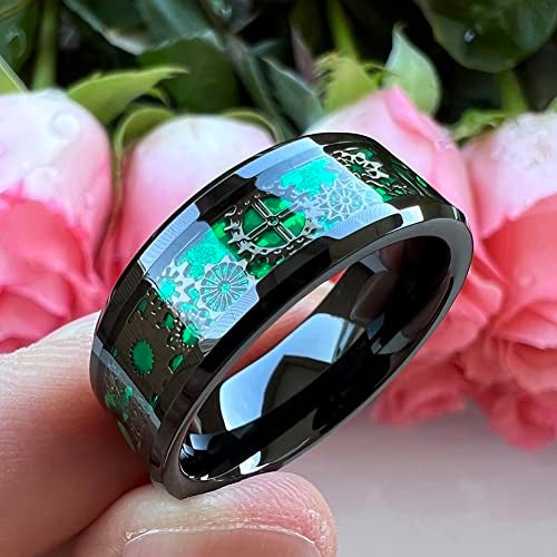 TUTISS 8mm Green Carbon Fiber Steampunk Gear Inlay Black Tungsten Rings for Men Women Wedding Bands Beveled Edges Comfort Fit Size 7 - Image 4