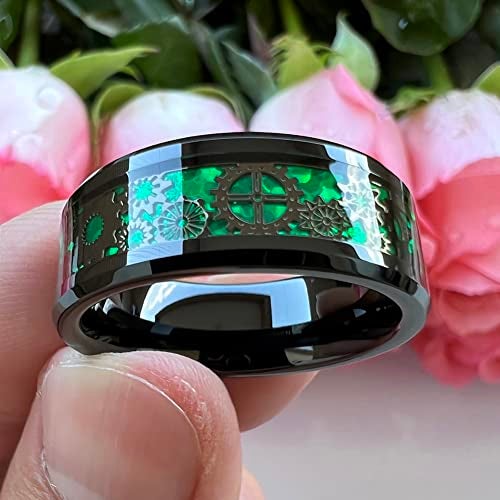 TUTISS 8mm Green Carbon Fiber Steampunk Gear Inlay Black Tungsten Rings for Men Women Wedding Bands Beveled Edges Comfort Fit Size 7 - Image 3