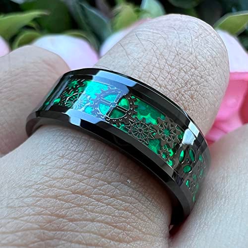 TUTISS 8mm Green Carbon Fiber Steampunk Gear Inlay Black Tungsten Rings for Men Women Wedding Bands Beveled Edges Comfort Fit Size 7 - Image 5