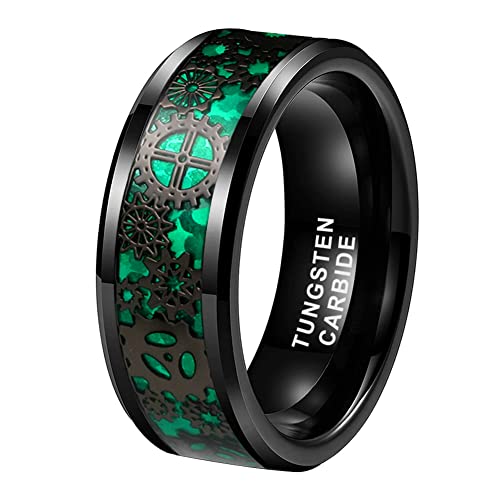 TUTISS 8mm Green Carbon Fiber Steampunk Gear Inlay Black Tungsten Rings for Men Women Wedding Bands Beveled Edges Comfort Fit Size 7 - Image 1