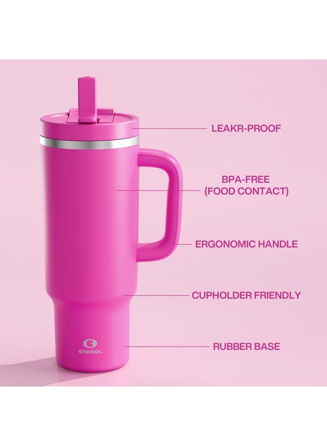 ENCOOL 40 oz Tumbler with Handle and Straw: Stainless Steel Insulated Tumbler Keeps Cold for 24 Hours, Leakproof Travel Cup Fits in Cup Holder and BPA-Free,Persian Rose - Image 3