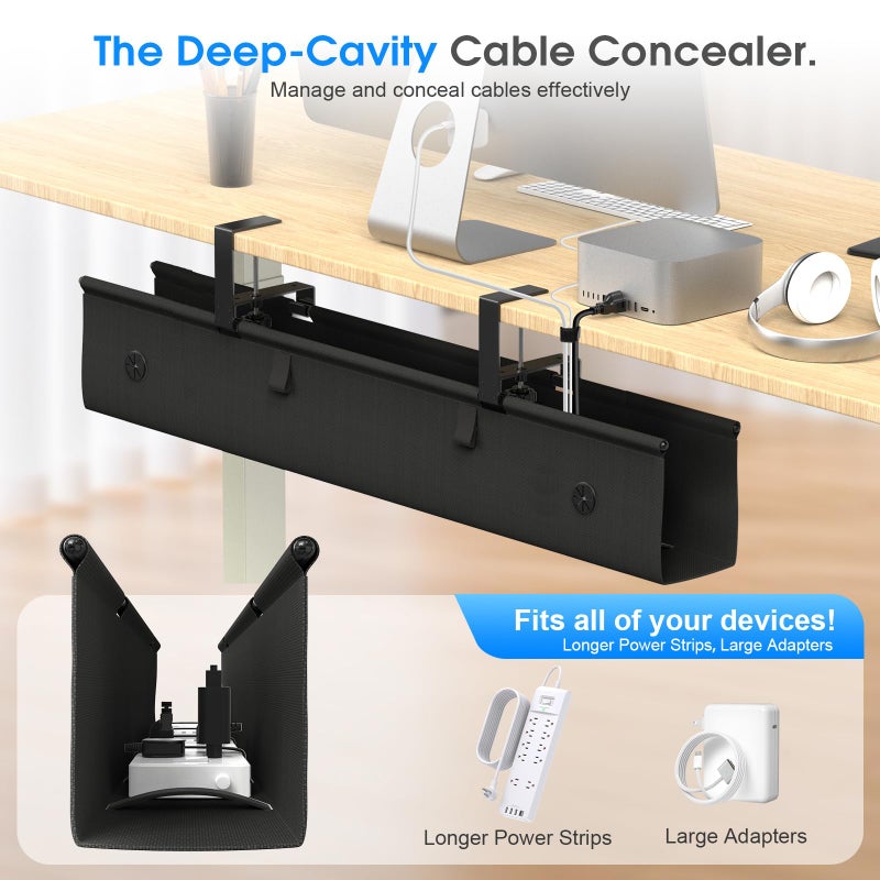 KIGJU Under Desk Cable Management Tray, 40-inch No-Drill Cord Organizer with Anti-Sag Reinforced Base, Fabric Wire Management Hider for Standing Desk, Office & Gaming Accessories - Black - Image 3