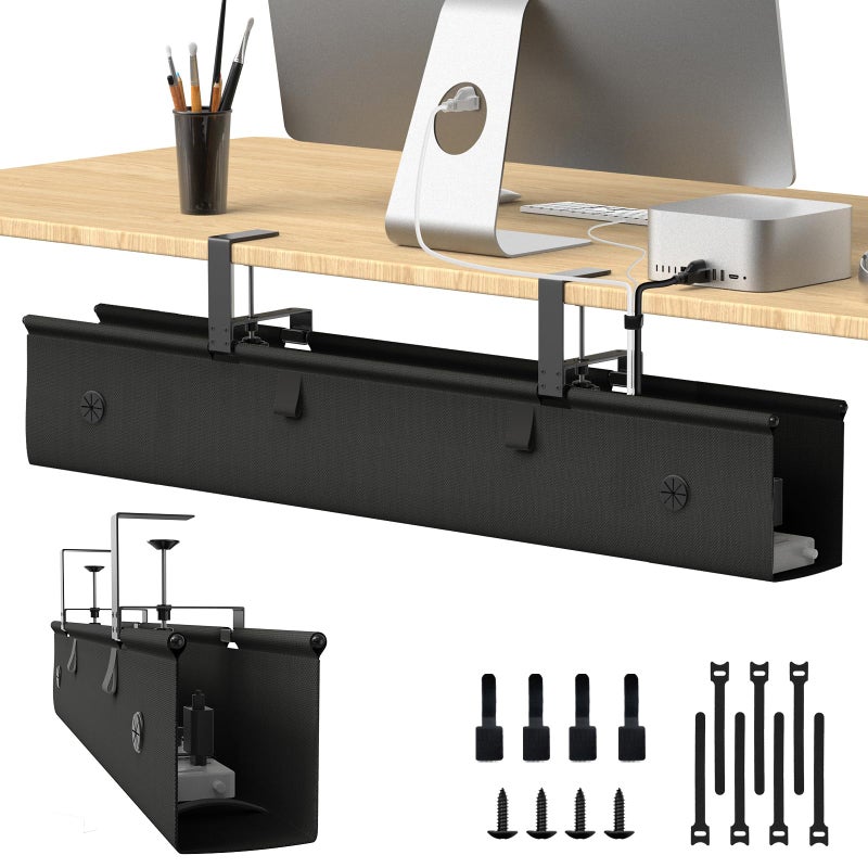 KIGJU Under Desk Cable Management Tray, 40-inch No-Drill Cord Organizer with Anti-Sag Reinforced Base, Fabric Wire Management Hider for Standing Desk, Office & Gaming Accessories - Black - Image 1