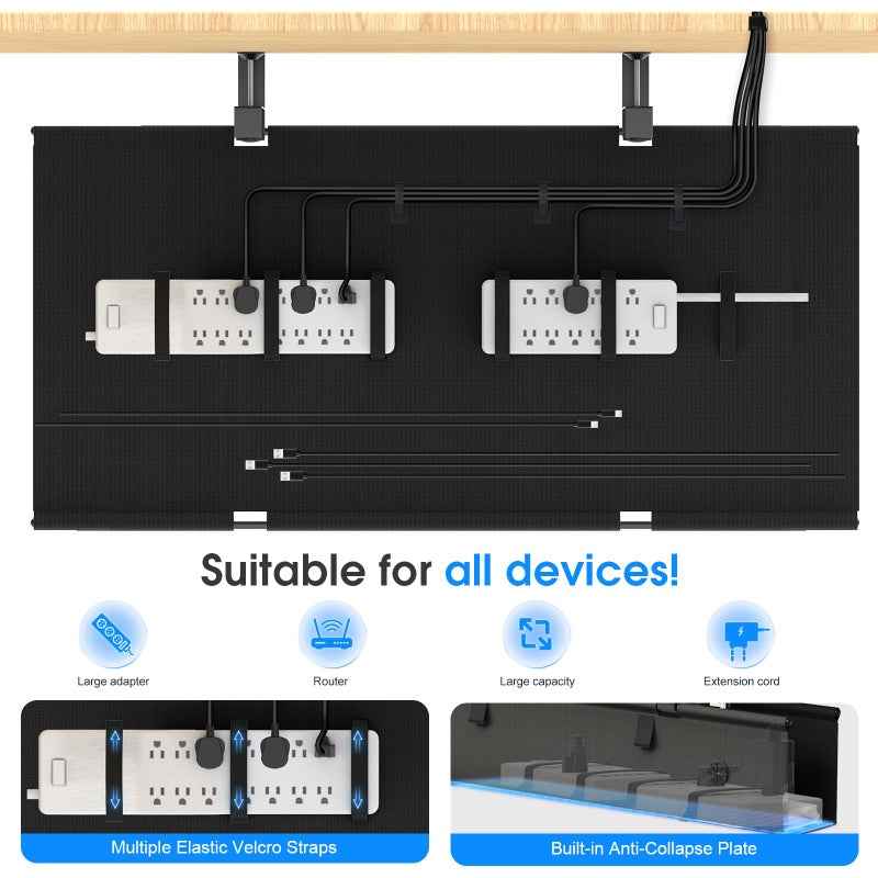 KIGJU Under Desk Cable Management Tray, 40-inch No-Drill Cord Organizer with Anti-Sag Reinforced Base, Fabric Wire Management Hider for Standing Desk, Office & Gaming Accessories - Black - Image 4