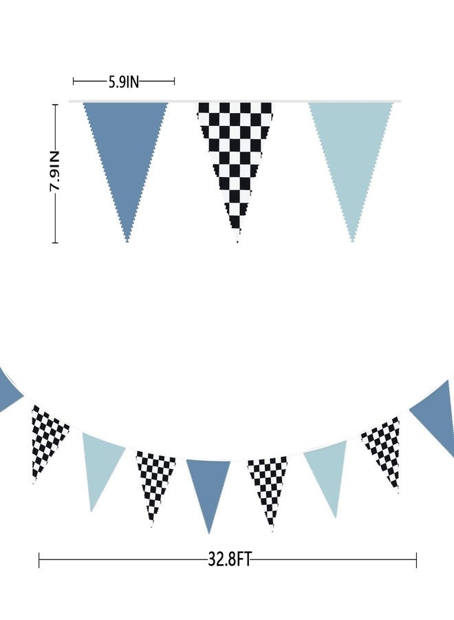 pinkblume 32Ft Racing Party Decorations Dusty Blue Black White Checkered Racing Car Fabric Banner Triangle Flag Pennant Garland Streamers for Boys Race Car Birthday Racetrack Baby Shower NASCAR Picnic Decor - Image 3