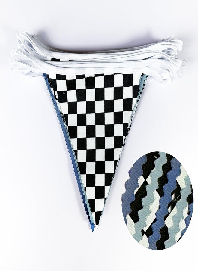 pinkblume 32Ft Racing Party Decorations Dusty Blue Black White Checkered Racing Car Fabric Banner Triangle Flag Pennant Garland Streamers for Boys Race Car Birthday Racetrack Baby Shower NASCAR Picnic Decor - Image 2