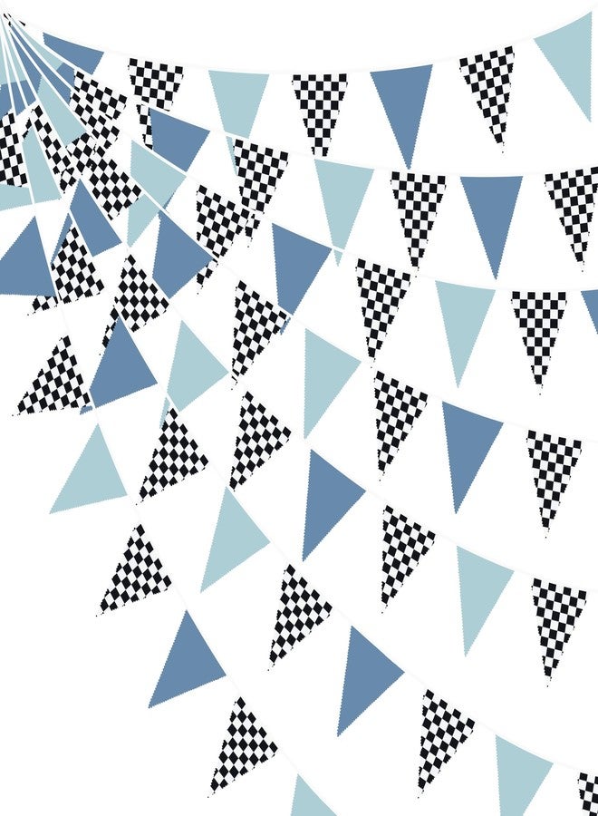 pinkblume 32Ft Racing Party Decorations Dusty Blue Black White Checkered Racing Car Fabric Banner Triangle Flag Pennant Garland Streamers for Boys Race Car Birthday Racetrack Baby Shower NASCAR Picnic Decor - Image 1