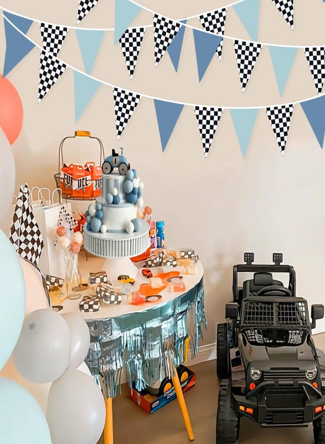 pinkblume 32Ft Racing Party Decorations Dusty Blue Black White Checkered Racing Car Fabric Banner Triangle Flag Pennant Garland Streamers for Boys Race Car Birthday Racetrack Baby Shower NASCAR Picnic Decor - Image 4