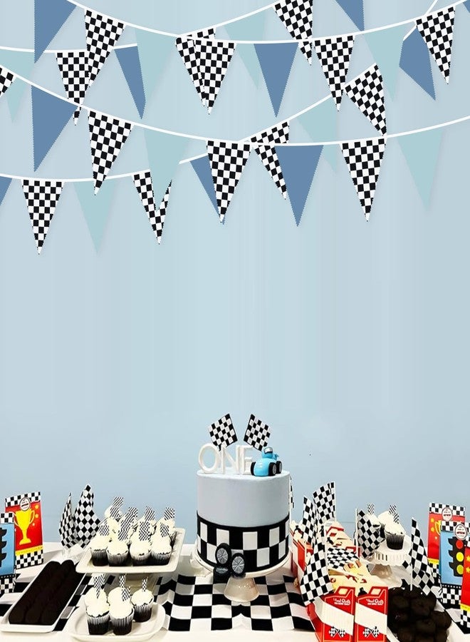 pinkblume 32Ft Racing Party Decorations Dusty Blue Black White Checkered Racing Car Fabric Banner Triangle Flag Pennant Garland Streamers for Boys Race Car Birthday Racetrack Baby Shower NASCAR Picnic Decor - Image 5