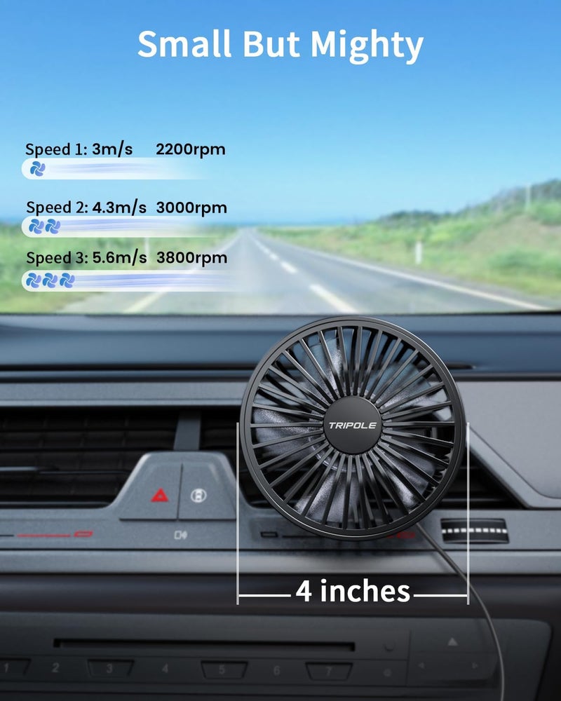 TriPole Car Fan USB Powered - Powerful 3 Speeds, Portable Cooling Clip Fan for Car Ventilation, Quiet Brushless Motor, 360 Degree Rotatable, Air Circulation for Vehicle - Image 3