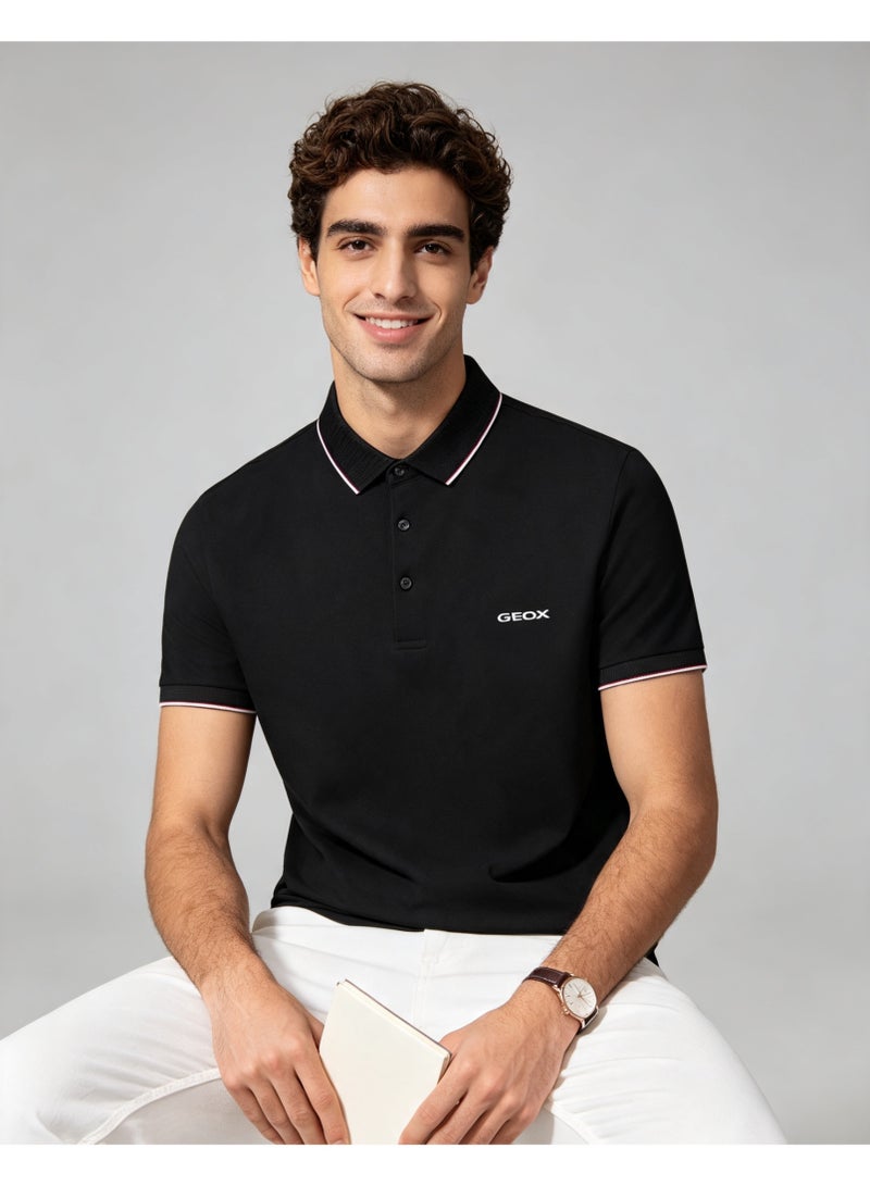GEOX Men Classic Striped Collar Short Sleeve Polo Shirt Daily Business Casual Wear Pure Black - Image 1