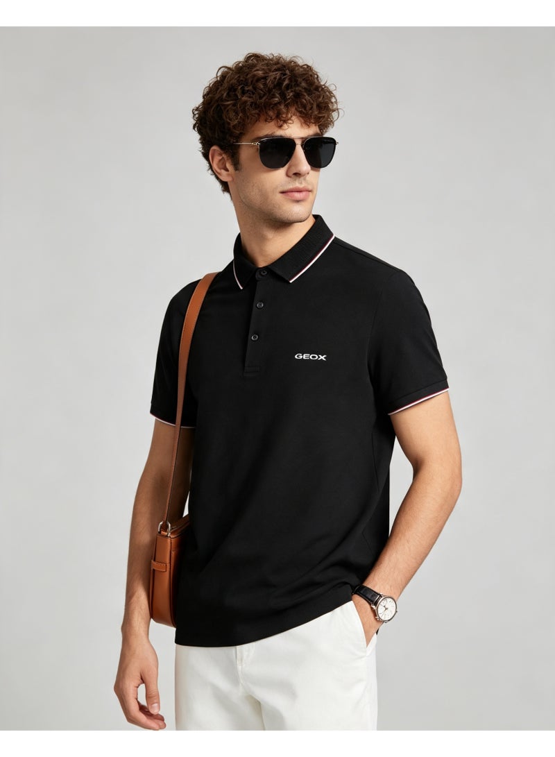 GEOX Men Classic Striped Collar Short Sleeve Polo Shirt Daily Business Casual Wear Pure Black - Image 5
