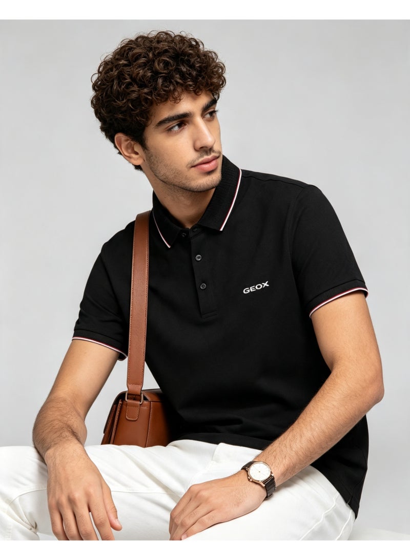 GEOX Men Classic Striped Collar Short Sleeve Polo Shirt Daily Business Casual Wear Pure Black - Image 2