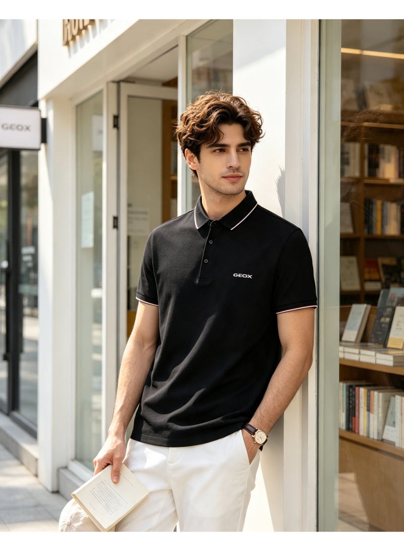 GEOX Men Classic Striped Collar Short Sleeve Polo Shirt Daily Business Casual Wear Pure Black - Image 3