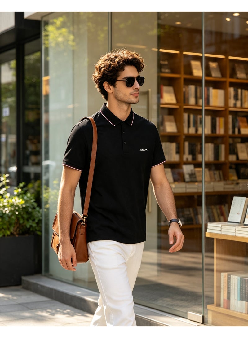 GEOX Men Classic Striped Collar Short Sleeve Polo Shirt Daily Business Casual Wear Pure Black - Image 4
