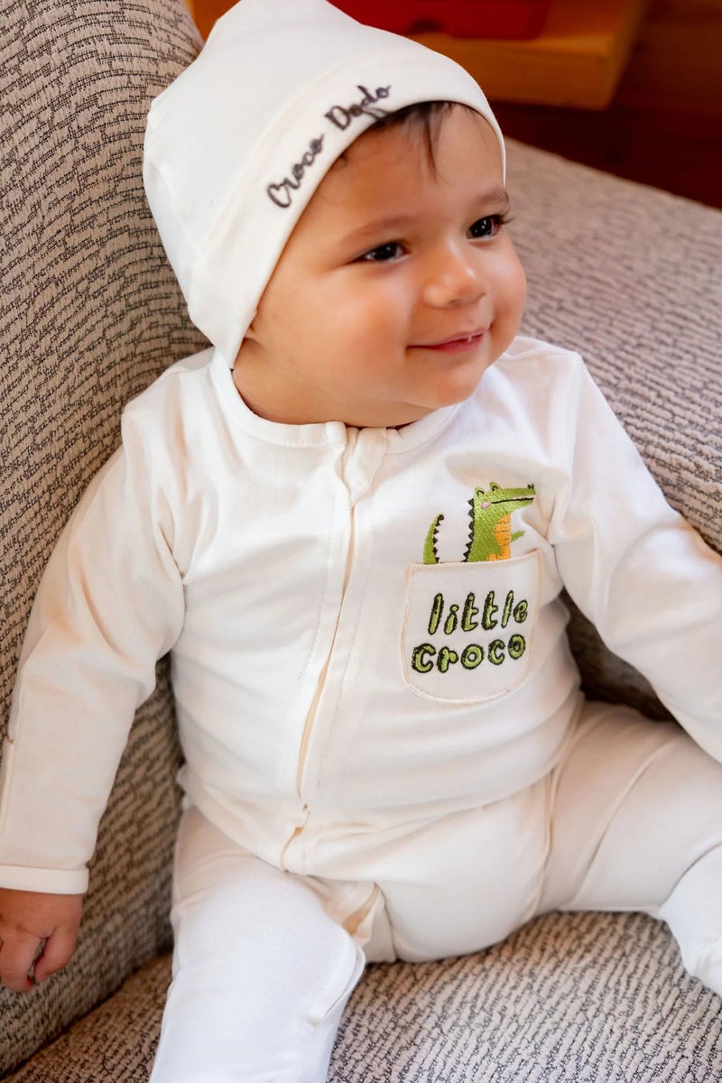 CrocoDodo Baby Boys Cotton Footless Onesie – White with "Little Croco" Design - Image 3