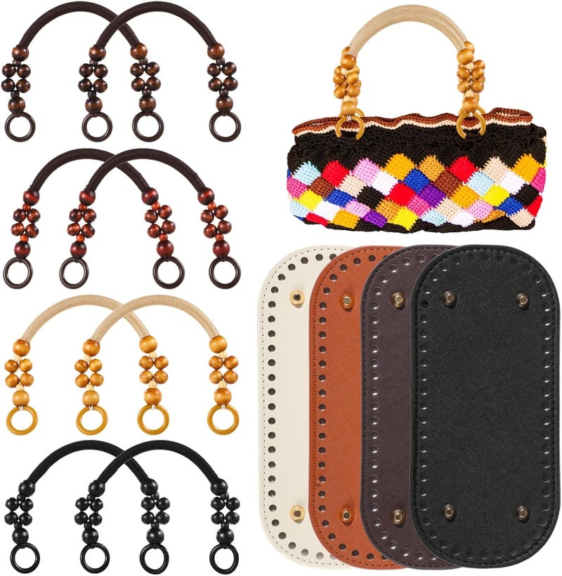 12 PCS Bag Handle and Base Set, 8 Beaded Woven Purse Handles with Rings and 4 Synthetic Leather Bag Bottoms with Pre-Punched Holes, DIY Handbag Making Supplies - Image 4