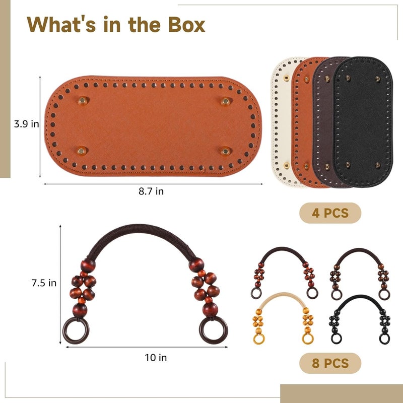12 PCS Bag Handle and Base Set, 8 Beaded Woven Purse Handles with Rings and 4 Synthetic Leather Bag Bottoms with Pre-Punched Holes, DIY Handbag Making Supplies - Image 2